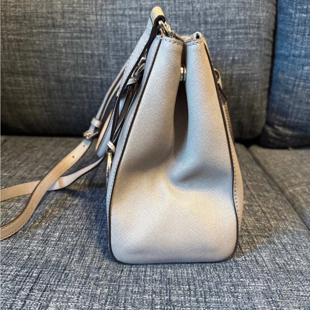 Michael Kors Gray Saffiano Leather Satchel with Silver-Tone Logo Charm